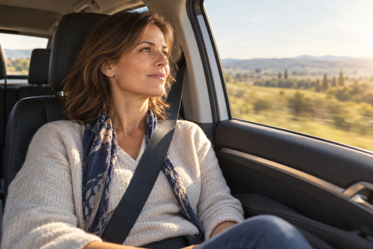 Passagère attachée en voiture, regardant le paysage à travers la fenêtre lors d’un trajet